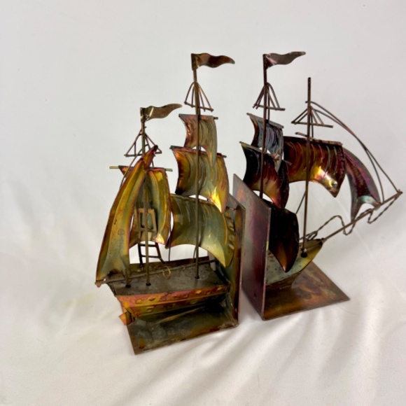 Vintage Sailing Ship Book Ends Copper Tin Metal Nautical Clipper Schooner Pirate - Picture 5 of 13